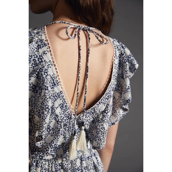 Anthropologie V-Neck Plunge Tunic Mini Dress Blue XS Cottagecore Boho Coquette - Picture 3 of 9